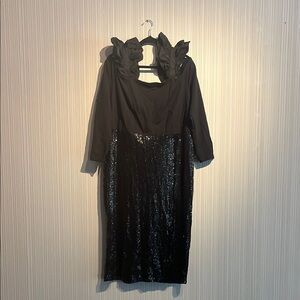 Plus size black Eloquii sequin off-shoulder dress with ruffle straps